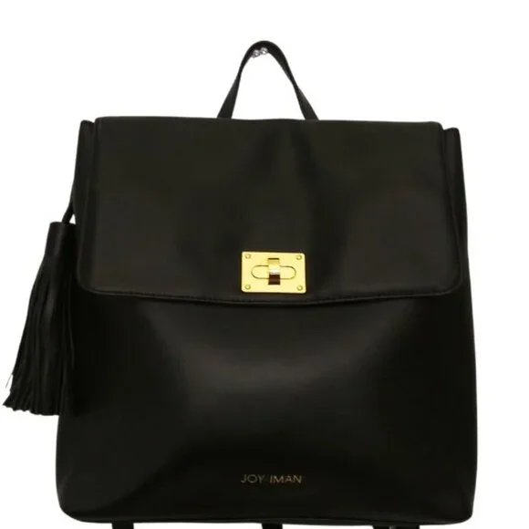 JOY & IMAN TASSEL CHIC RFID BLACK LEATHER BACKPACK - Picture 2 of 7